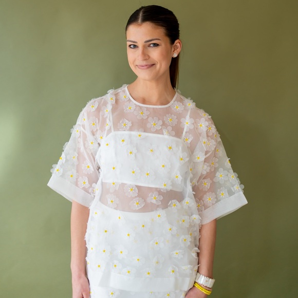 White Top and Maxi Skirt Set with Embellished Appliqué Flowers - Picture 2 of 7